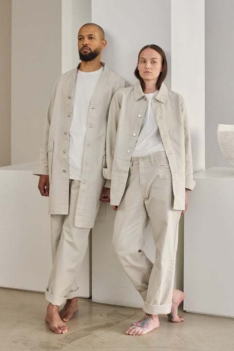 Nomen Nescio 321 Raglan Denim Jacket white – editorial, two models in matching white denim