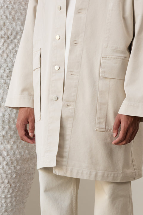 	Nomen Nescio 321 Raglan Denim Jacket white – model detail, lifestyle, side view